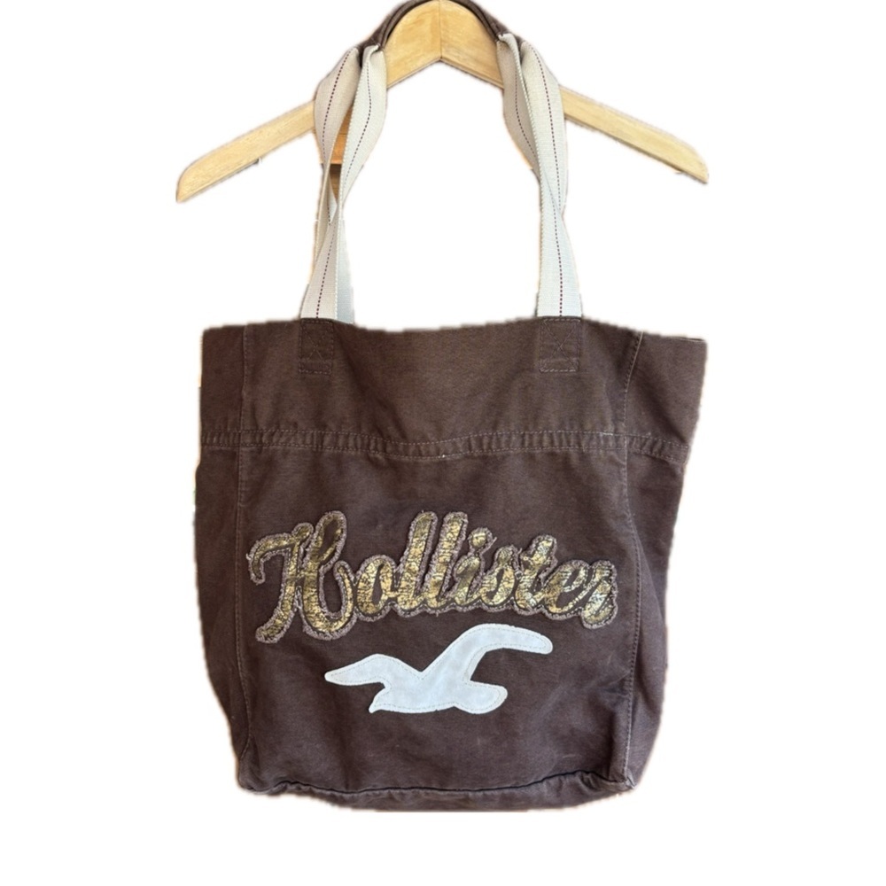 Hollister Brown Gold Spell out White Logo Tote bag Unisex
